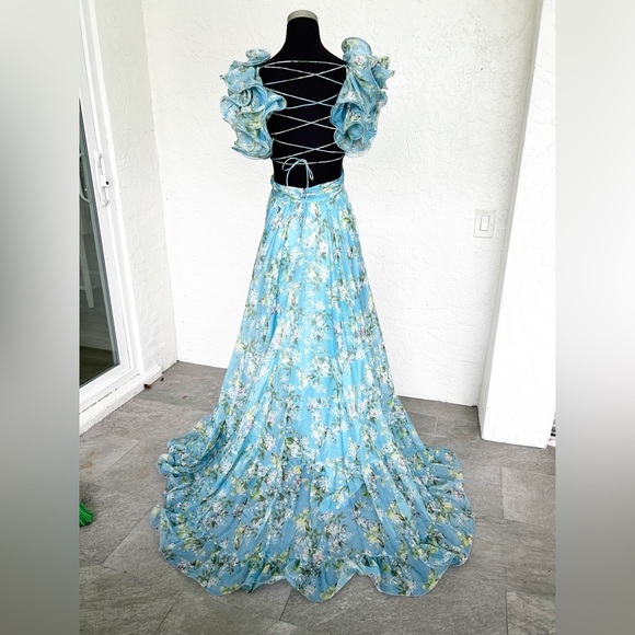 Mac Duggal 67803 Blue Floral Ruffle Tiered Gown Prom Pageant Formal Womens 4 - Picture 5 of 8